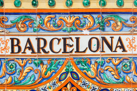 Picture of colourful Spanish tiles and the word "Barcelona"